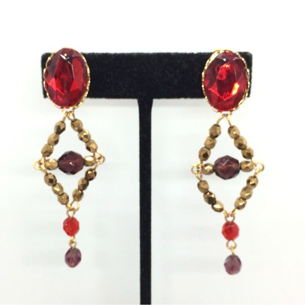 VINTAGE CLIP ON EARRINGS Jewel Tone Dangle Gold Purple Red Boho 80s